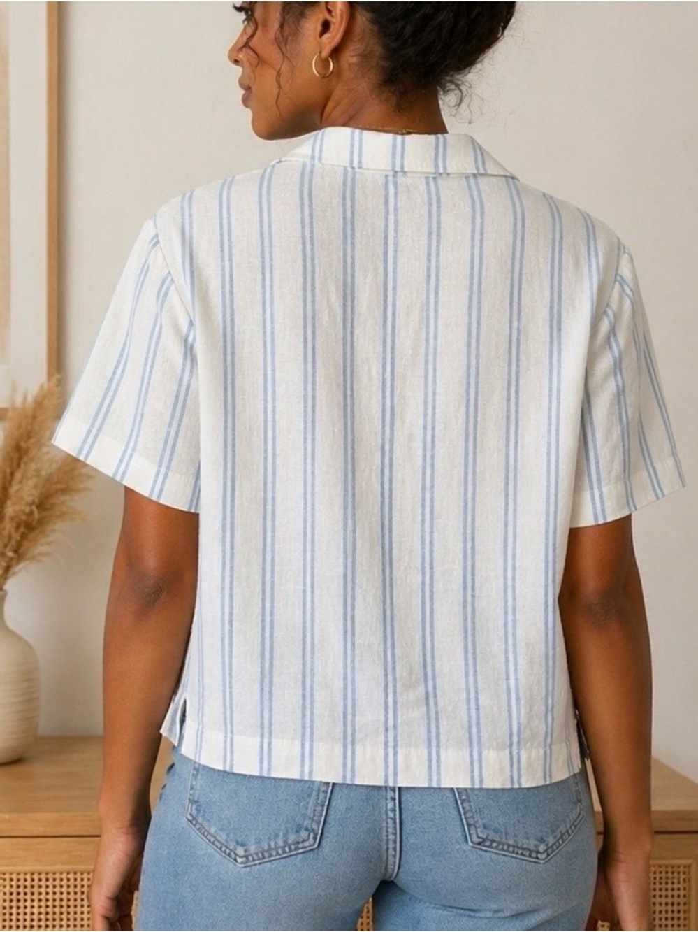Buffalo David Bitton Linen Blend Striped Camp Shirt Top Blue White Small - Picture 3 of 11
